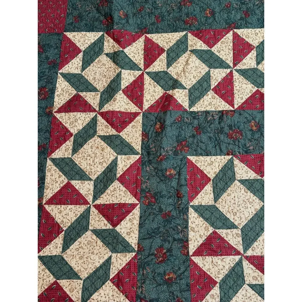 Handmade Quilt Vintage Cottage Farmhouse Cabin Fall Florals Red Green Pinwheels